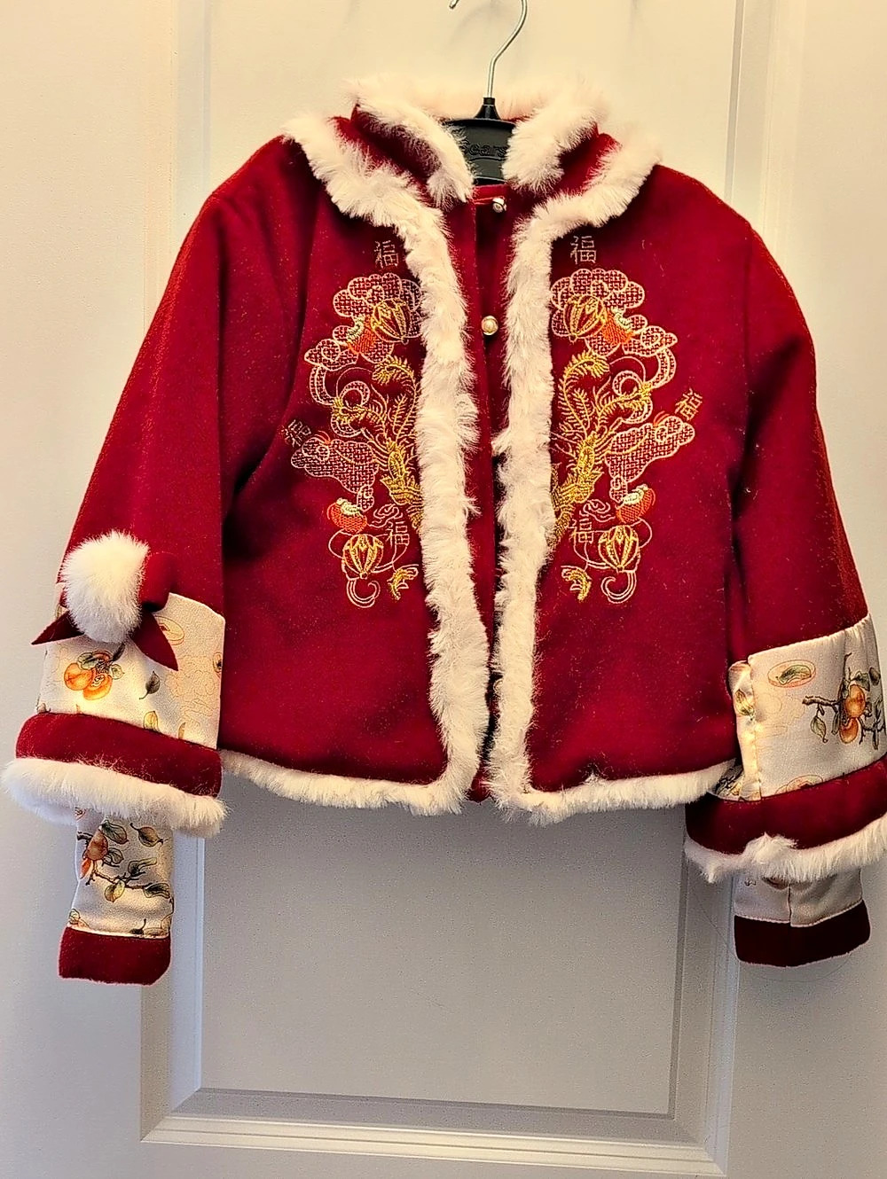 Girls Red Faux-Fur Trim Holiday Jacket Size 160